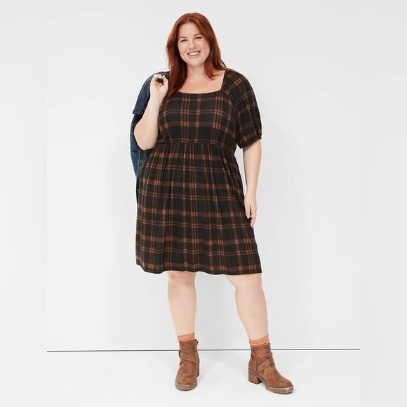 Lane Bryant 26/28 Black Brown Square Neck Knit Plaid Fit & Flare Dress - Picture 1 of 10